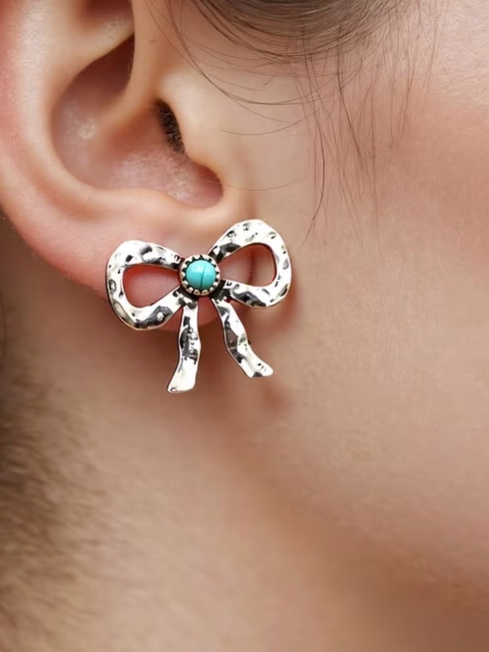 Western Earrings Bohemian Earring Silver Bow Stud Earrings with Turquoise Center